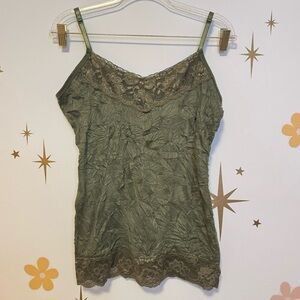 Lace Trim Tank Top Green With Leaf Print